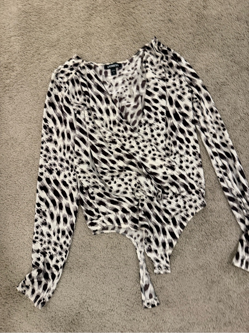 Express Black and White Animal-Print Wrap Bodysuit